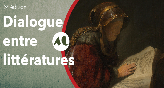 nom du colloque à gauche, tableau avec une femme qui tient un livre à droite