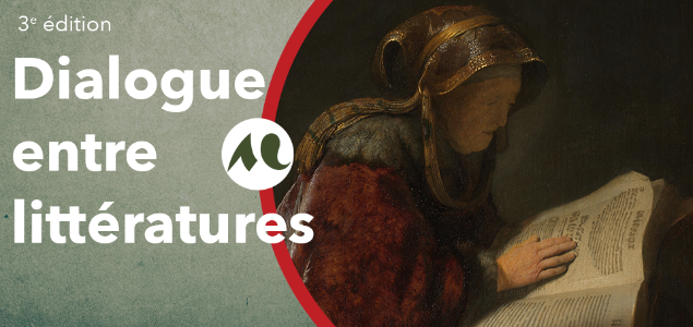 nom du colloque à gauche, tableau avec une femme qui tient un livre à droite