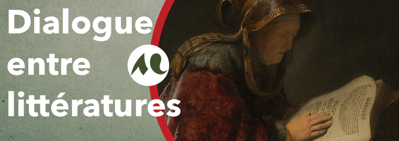 nom du colloque à gauche, tableau avec une femme qui tient un livre à droite