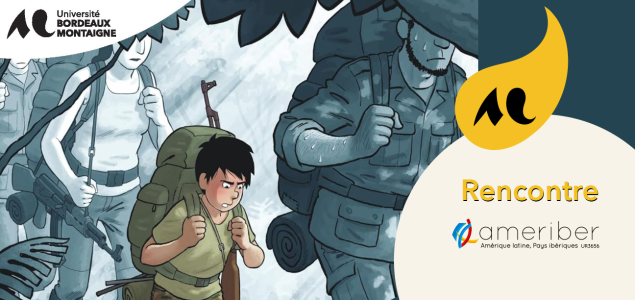 dessin d'un enfant dans la jungle, portant un sac à dos et un fusil