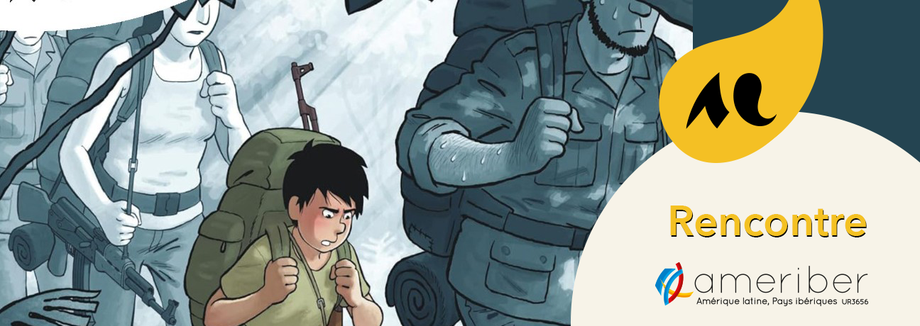 dessin d'un enfant dans la jungle, portant un sac &agrave; dos et un fusil