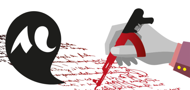 Une main qui &eacute;crit en rouge avec un fusil &agrave; la place du stylo